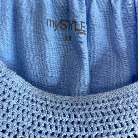 My Style Flutter Short Sleeve Crochet Neck Top Blue Ladder Lace 1X - Picture 5 of 10